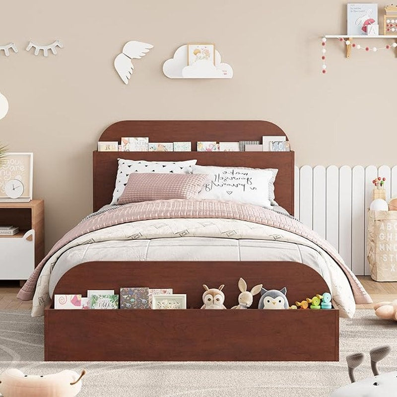 GarveeHome Twin Size Bed Frame, Wooden Beds, Storage Headboard & Raised-Foodboard for Kid, Espresso