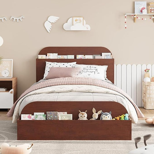 GarveeHome Twin Size Bed Frame, Wooden Beds, Storage Headboard & Raised-Foodboard for Kid, Espresso