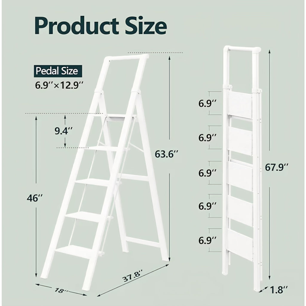 5 Step Ladder, Ladders for Home, Anti-Slip Pedals, Foldable, Lightweight to Move 300lbs - White