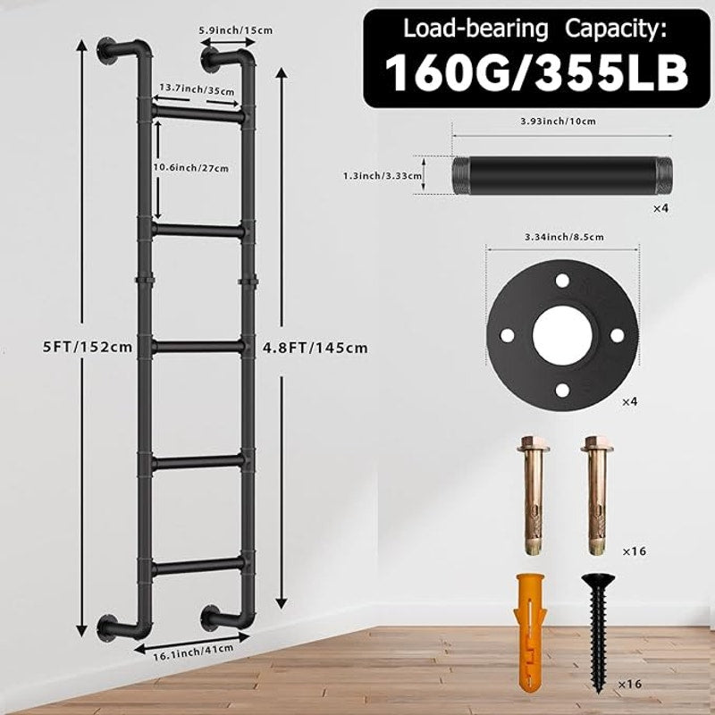 5 FT Black Wall Mounted Steel Ladder, 5-Step Egress Ladder for Window Well, Loft, Gym, Dorm, Iron