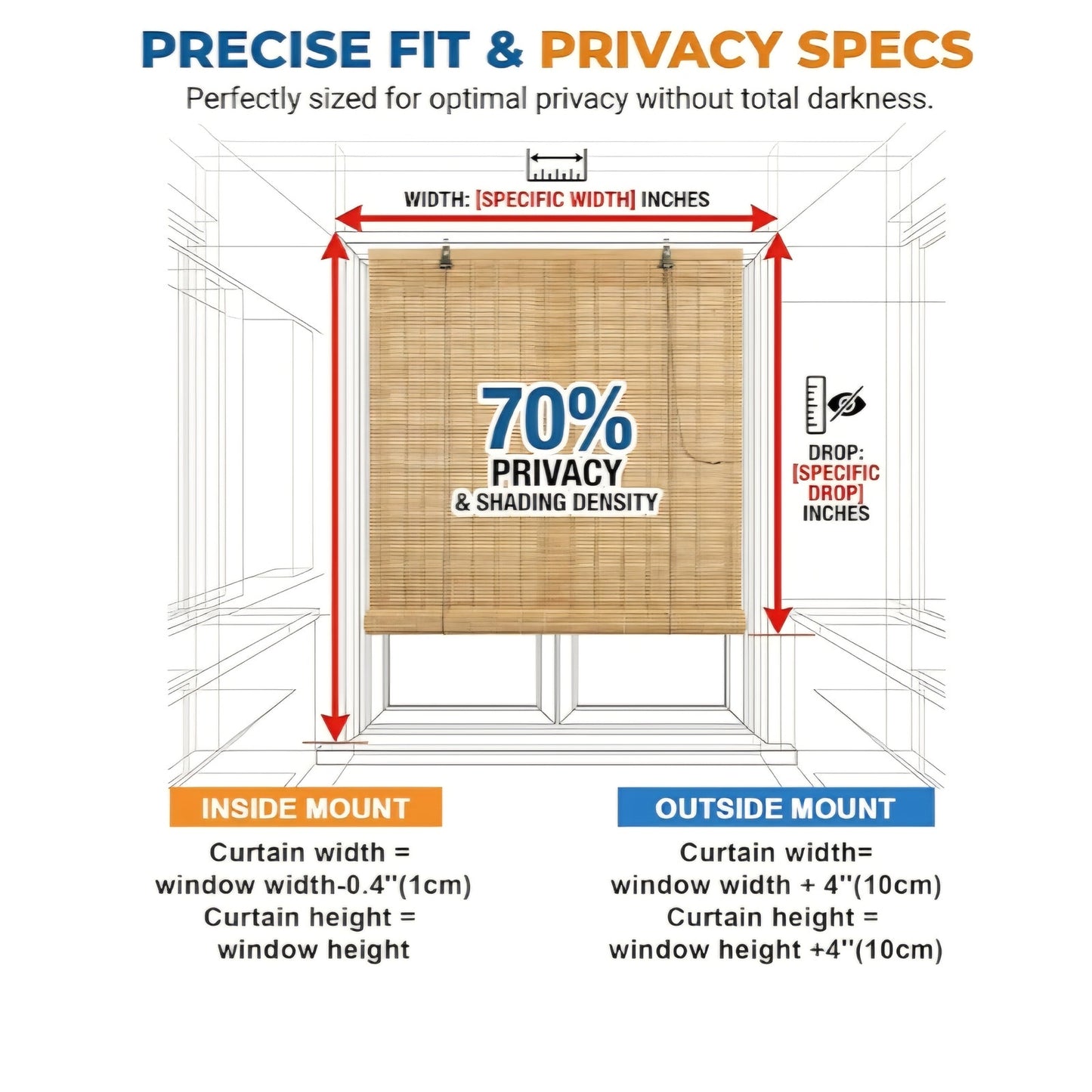 Bamboo Blinds for Interior Window, 70"W x48"H  Bamboo Shades for Indoor Windows
