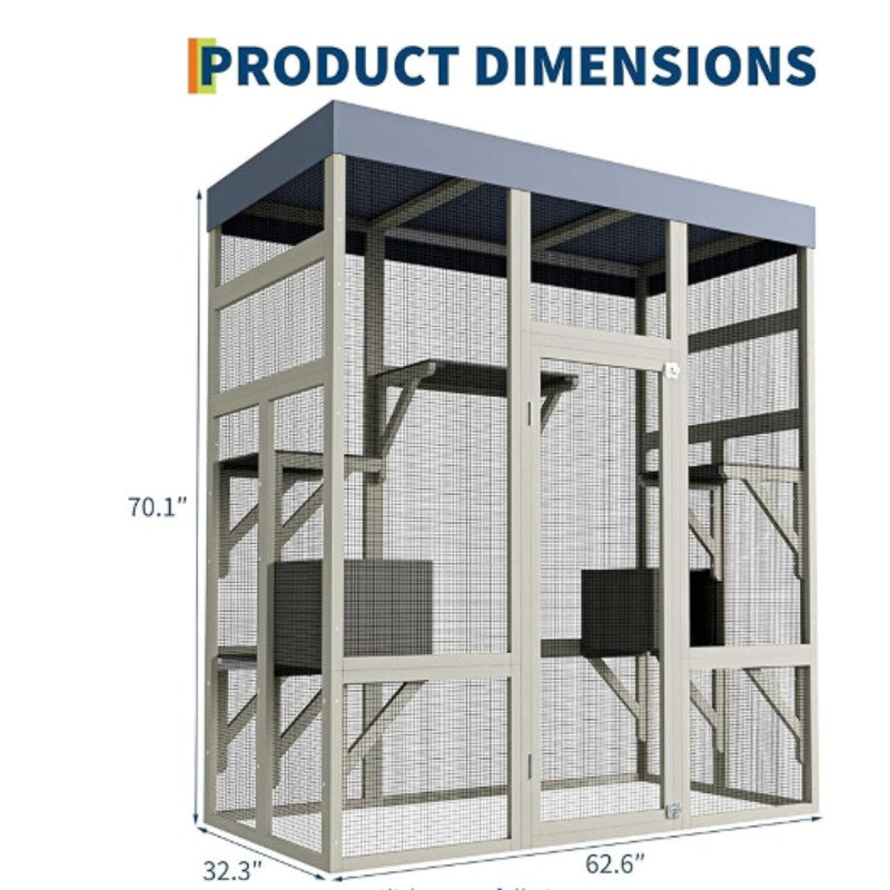 70" Large Outdoor Catio Cat Enclosure, Wood Cat Patio with Waterproof UV-Resistant Roof