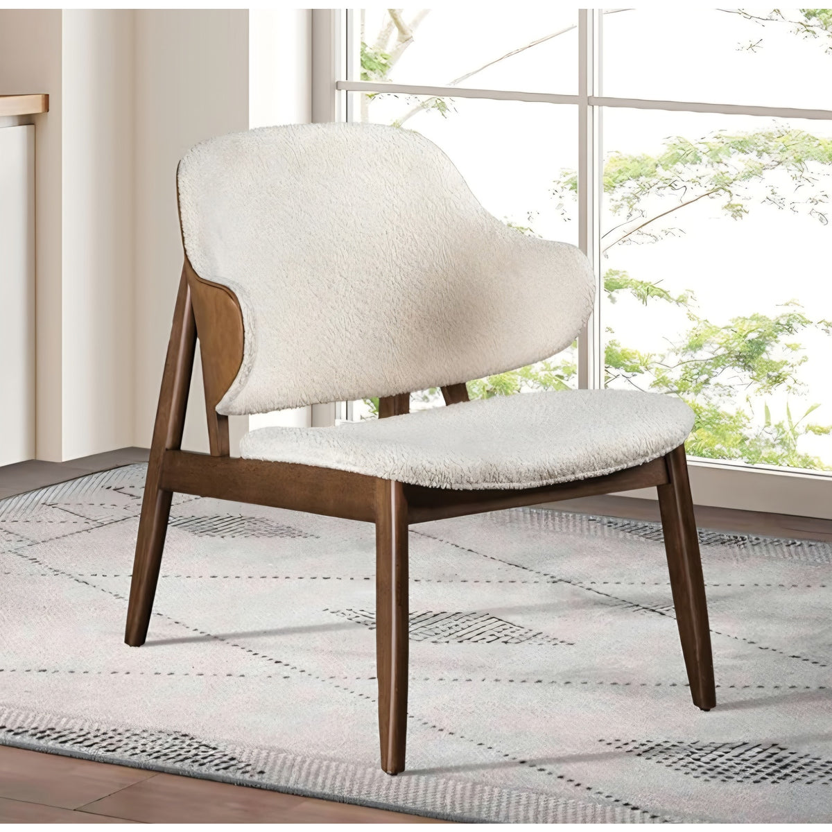 Modern Mid-Century Accent Chair with Wingback Walnut/Beige - Engineered Wood Fabric Solid Wood