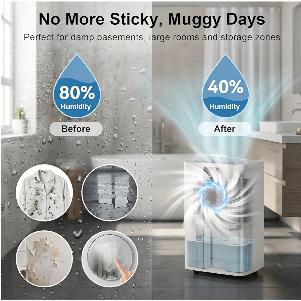 MEPTY Dehumidifier for Basement &amp; Home with Drain Hose,Smart Humidity Control,24H Timer &amp; Child Lock,3-Color Humidity Display Ideal for Bedroom,Bathroom