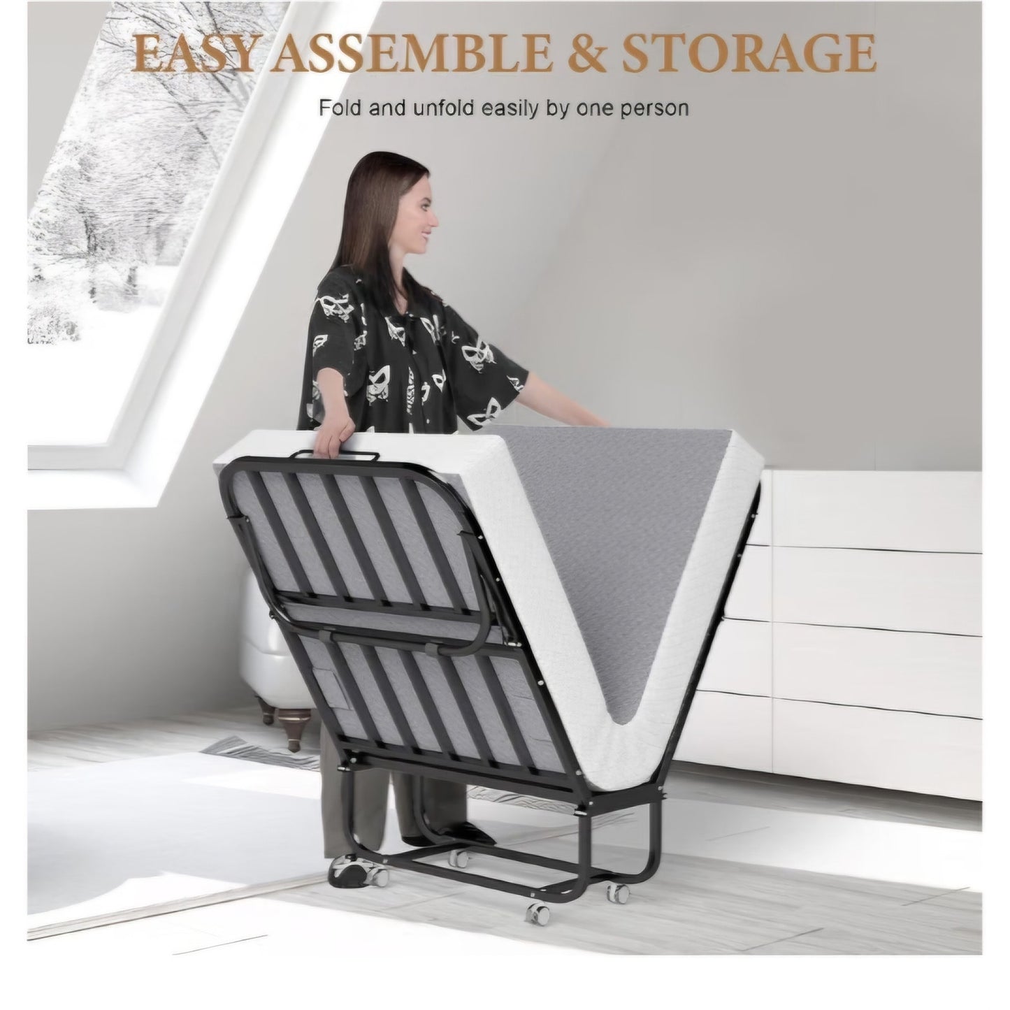Decofy Folding Bed with Memory Foam Mattress, Portable Rollaway Guest Beds on Wheels, 75"x31"