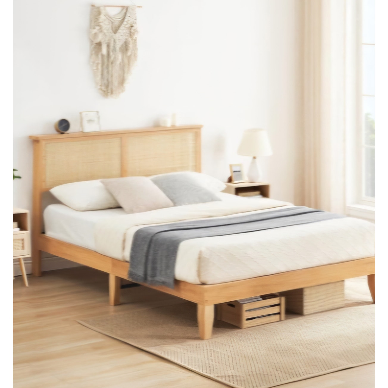 Rattan Full Bed Frame - Full Size Platform Bed Frame with Natural Rattan Headboard