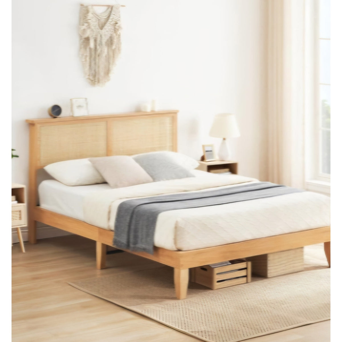Rattan Full Bed Frame - Full Size Platform Bed Frame with Natural Rattan Headboard