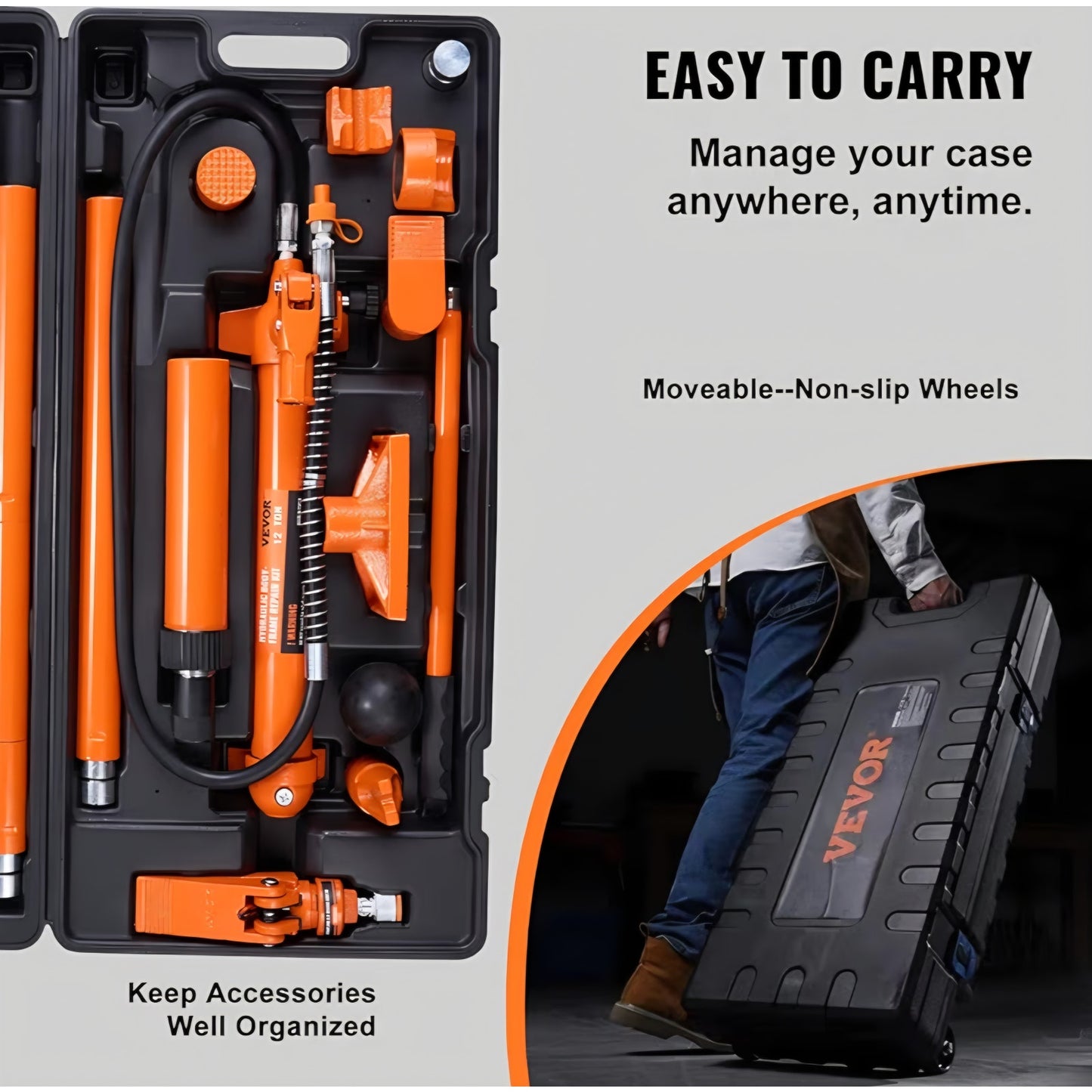 12 Ton Porta Power Kit, Hydraulic Ram with Pump with 4.6 ft/1.4 m Oil Hose