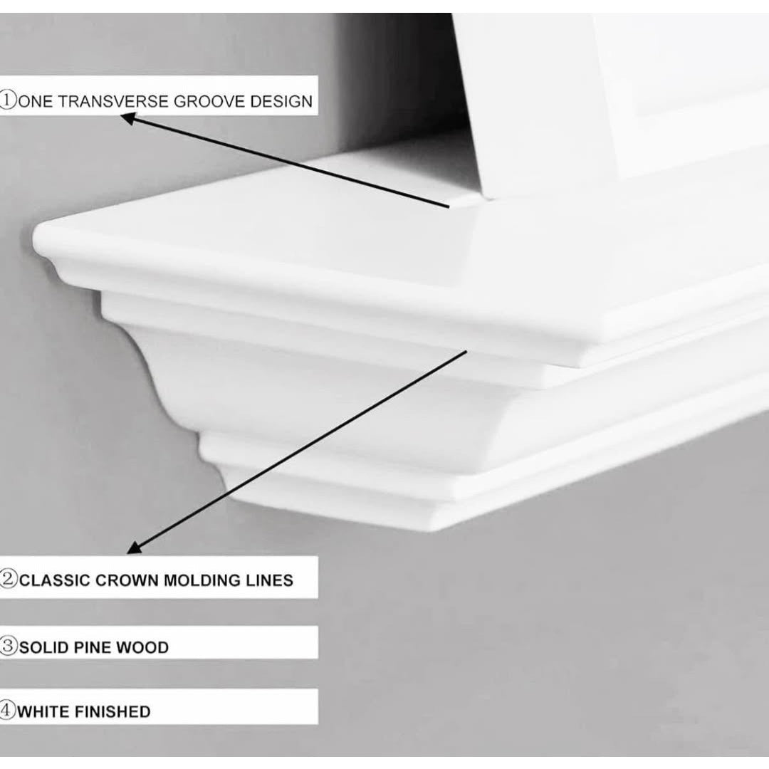 WELLAND 48 inch Wall Mounted Pine Wood Fireplace Mantel Shelf White Finished Corona Crown Molding