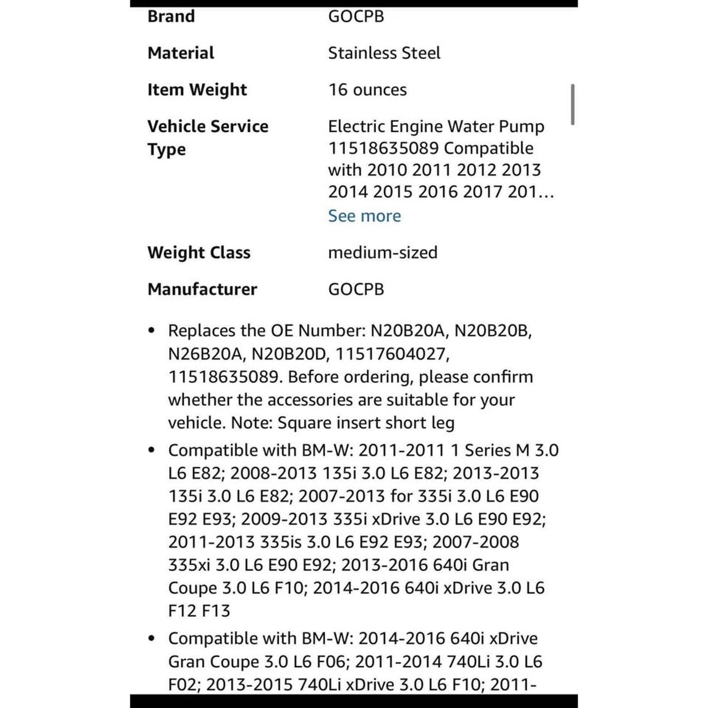 Electric Water Pump [hidden information] Head Alloy Steel Car Coolant Pump Compatible with BM-W E60