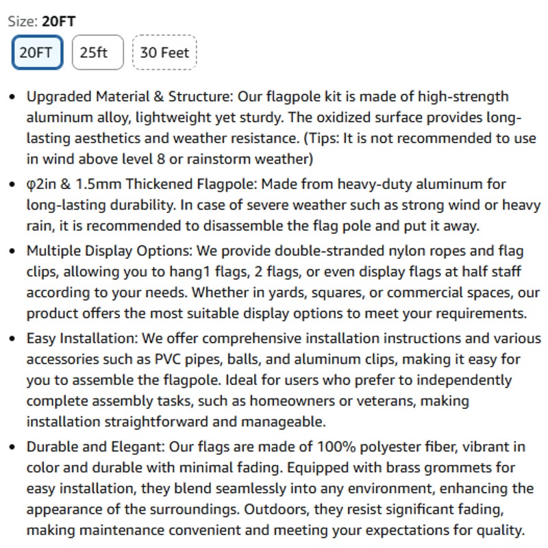 VEVOR 20FT Sectional Flagpole Kit, Heavy Duty Aluminum Alloy in Ground Poles for Outside