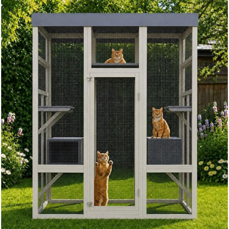 70" Large Outdoor Catio Cat Enclosure, Wood Cat Patio with Waterproof UV-Resistant Roof