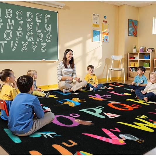 6x9 Black ABC Kids Classroom Rug, Washable Alphabet Rug for Classroom Elementary School Learning
