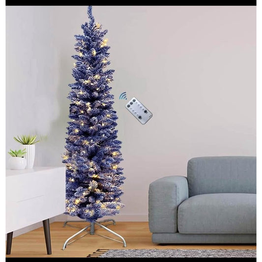 $30 obo 7FT Blue Pre-Lit Skinny Christmas Tree, Auto Open Snow Flocked Full Xmas Tree with 1000 Bran