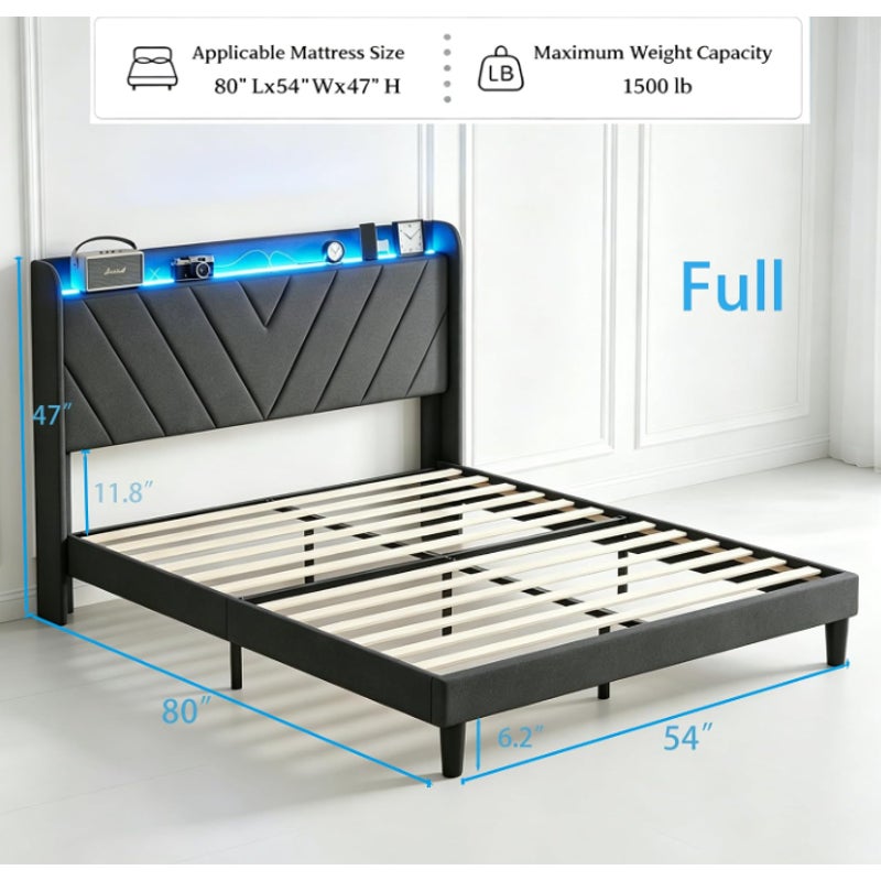 Full Size Bed Frame with Charging Station and LED Lights, Wingback Bed Frame with Headboard