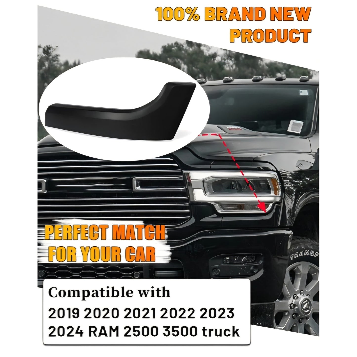 Front Bumper Headlight Filler Molding Trim Compatible with 2019-2024 Dodge Ram 2500 3500