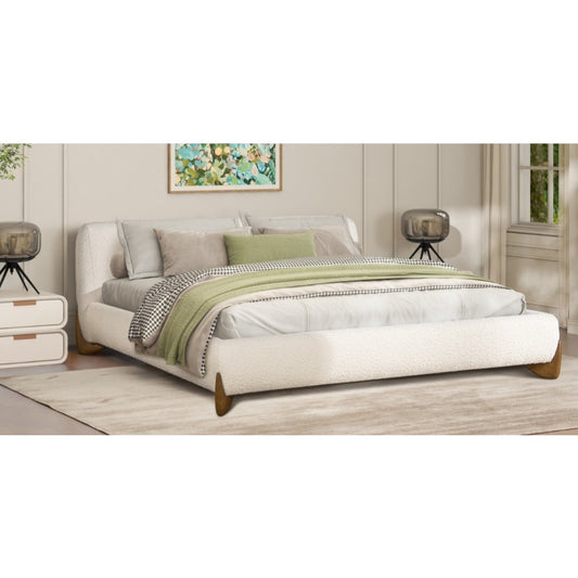 Jennifer Taylor Alpine Puffy  Modern Platform Bed, King, Ivory White Bouclé