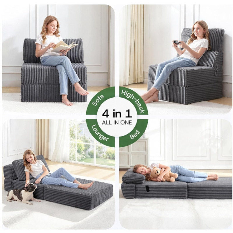 Folding Sofa Bed Convertible 4 in 1 Sleeper Chair Gray Single Pocket Coils+Foam Fill Medium Support