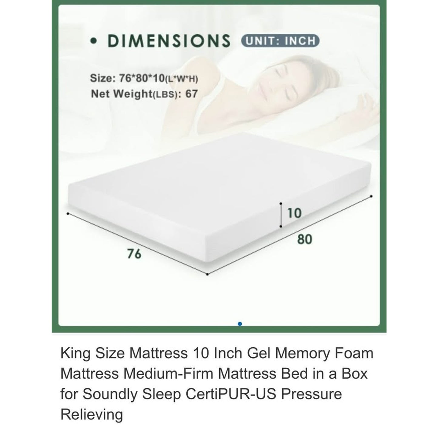 King Size Mattress 10 Inch Gel Memory Foam Mattress Medium-Firm Mattress Bed in a Box for Soundly Sl