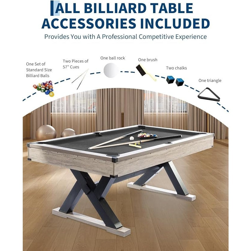 7 FT Prof. Billiard Tablet (2 Cues, 16 Balls, 2 Chalks, Triangle, Brush), 84x46x32 In. Black & Grey