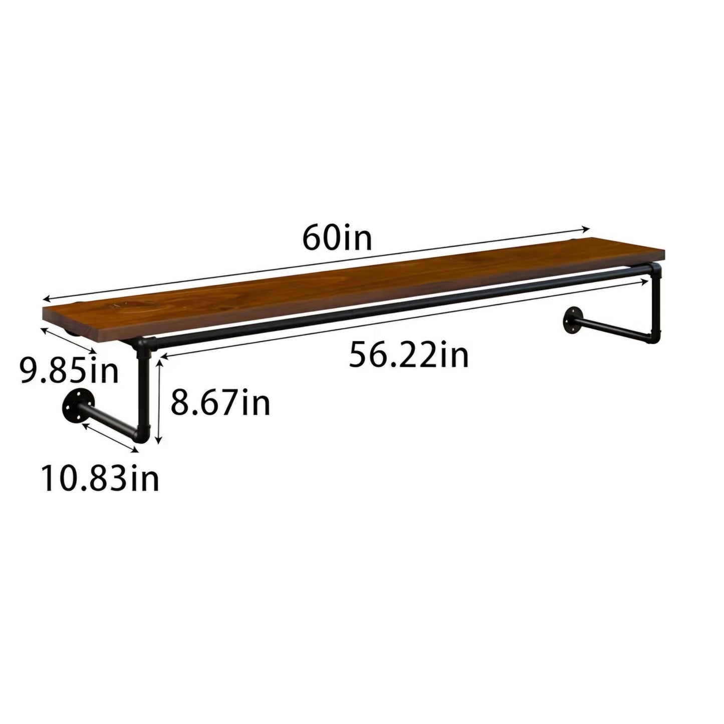 Clothes Rack 60in, Wall Mounted Garment Racks with Real Walnut Wood Shelf