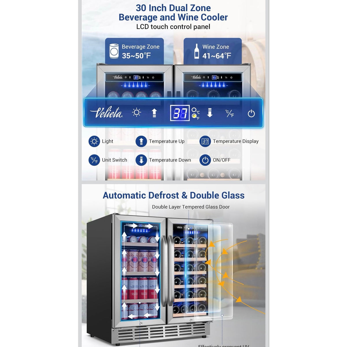 Wine and beverage refrigerator 30 inch dual doors.