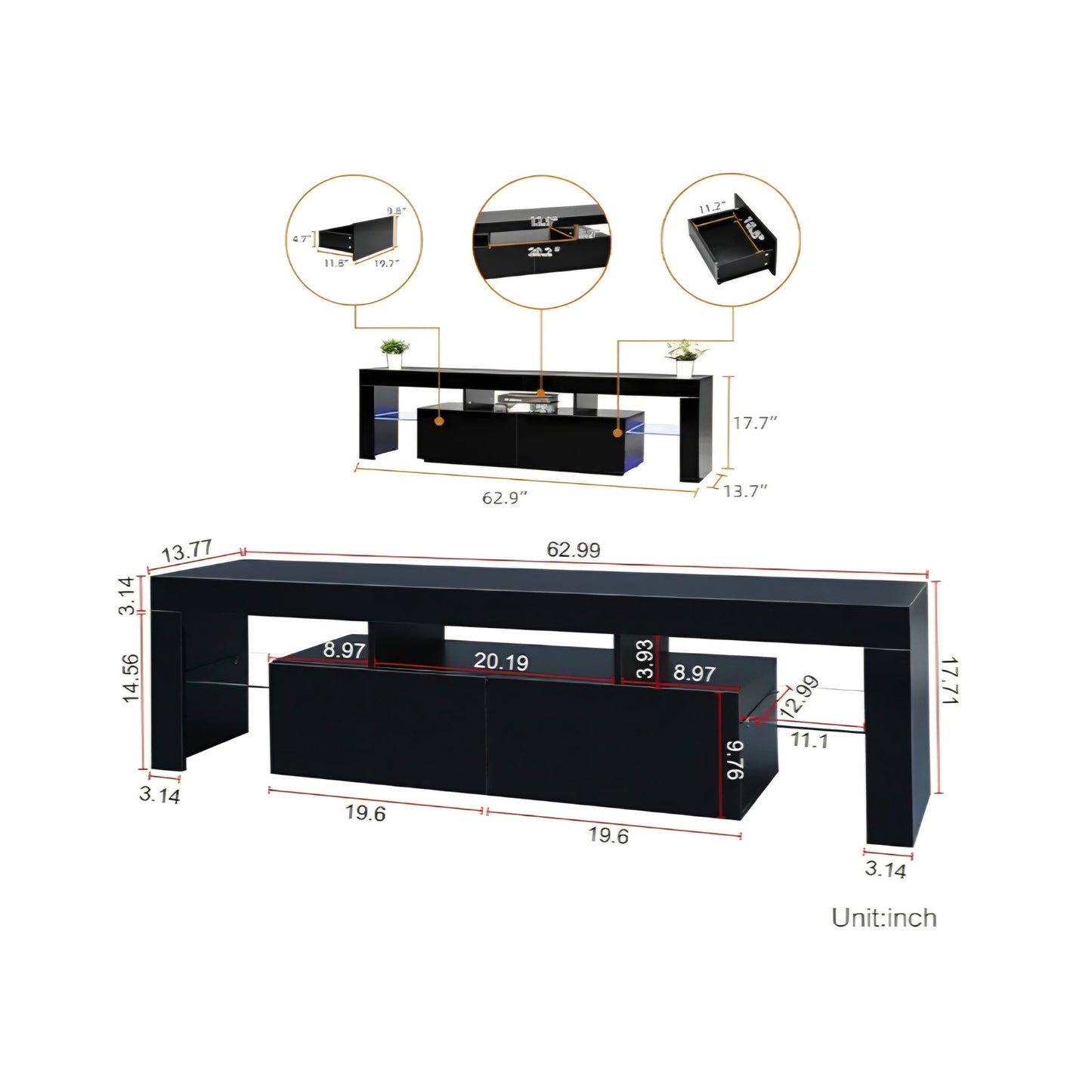 Black TV Stand, 60 65 70 75 inch Wood TV Stand, High Glossy Entertainment Center with Large Draw
