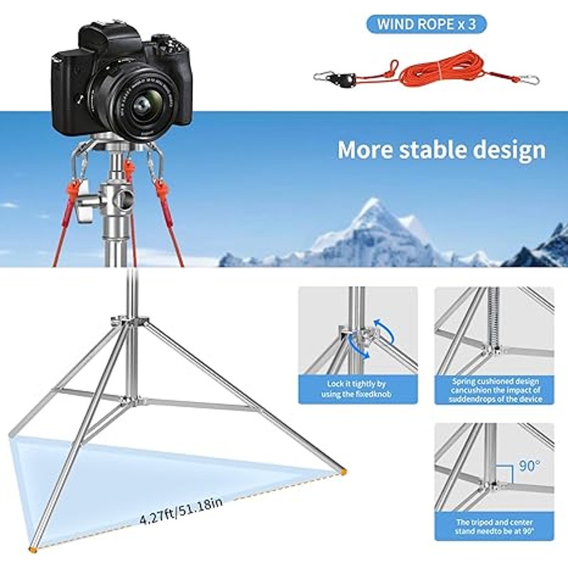 24ft Tall Telescoping Camera Tripod Stand, Heavy Duty Stainless Steel with 3 Guy Wires & 1/4" 3/8"