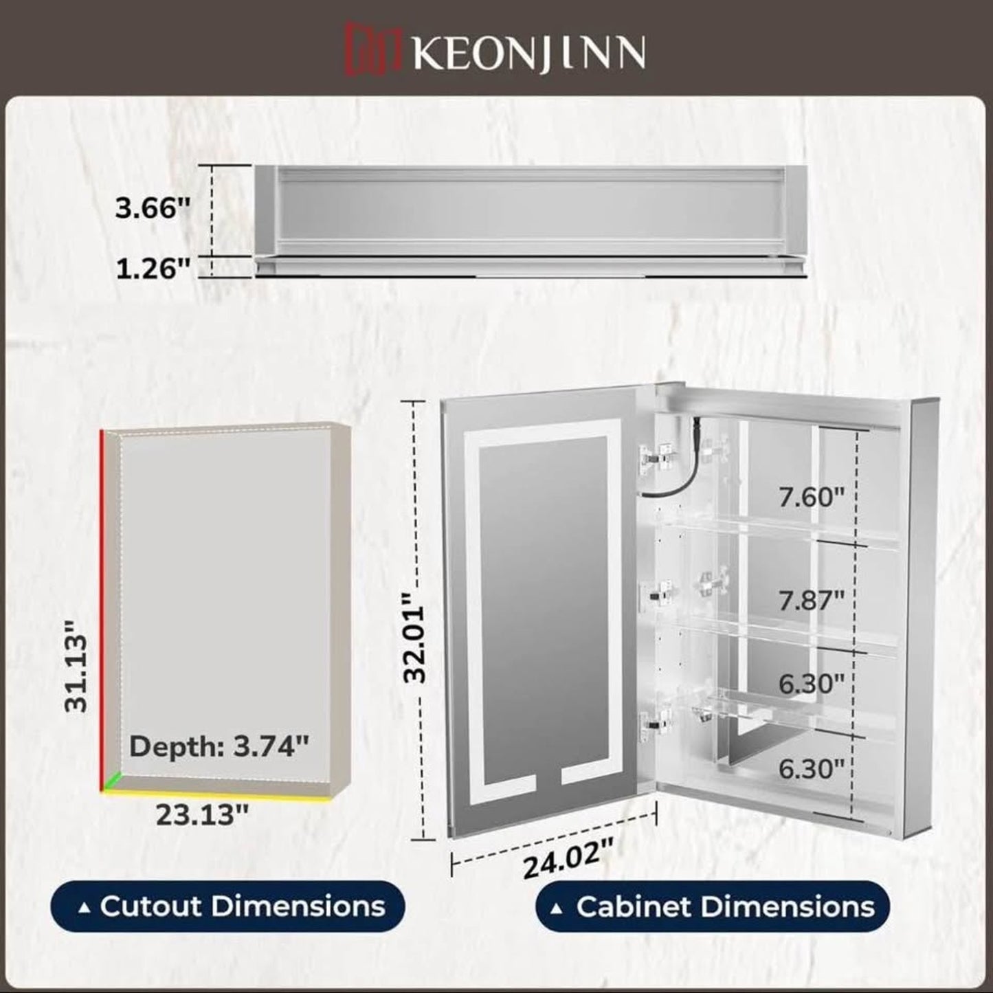 Keonjinn 24 x 32 Lighted Medicine Cabinet with Defogger and Outlets, Medicine Cabinet with Lights 3