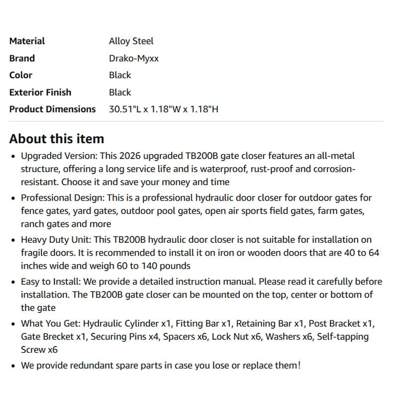 Upgraded TB200B Hydraulic Door Closer Set, Suitable for Weight 50 to 140 Pounds, Width 40 to 64 In
