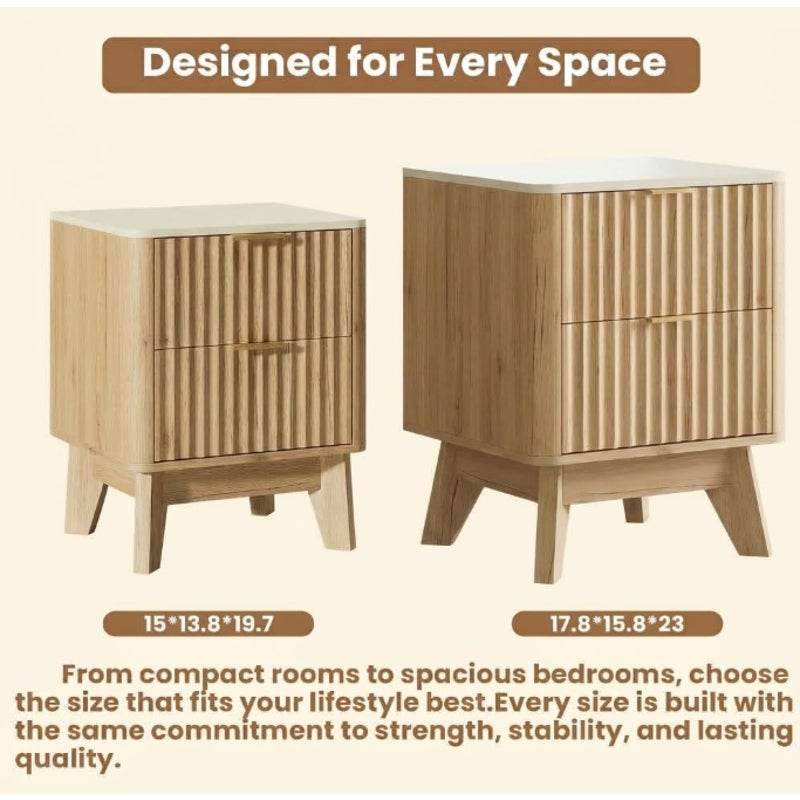 Fluted Nightstand Set of 2 with Faux Marble Top,Natural Oak