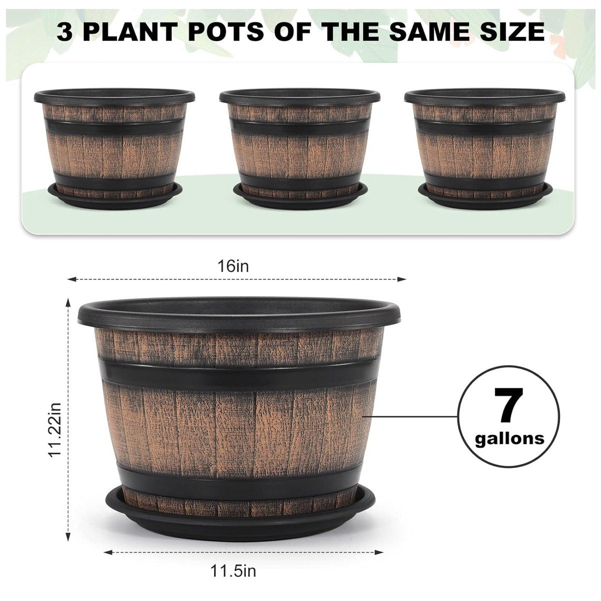 Quarut Large Plastic 3 Pack16 inch Plant Pots,Whiskey Barrel