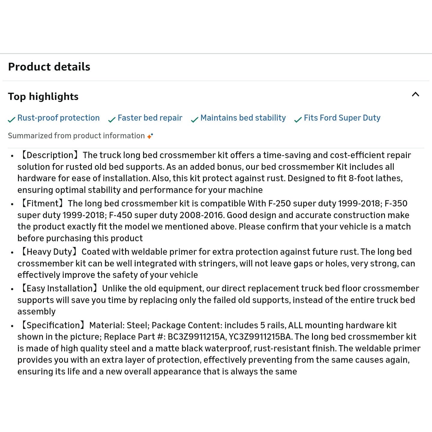 ECOTRIC 5 Long Truck Bed Crossmember Compatible with 1999-2018 F250 F350 F450 Bed Floor