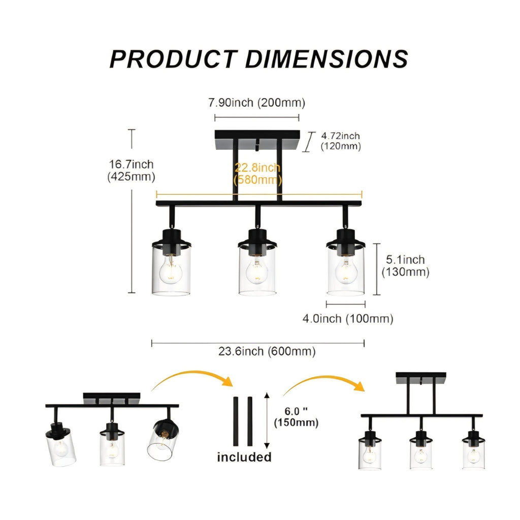 3-Light Kitchen Track Light Fixtures Ceiling Vanity Lights Black, Bathroom Track Lighting Kit