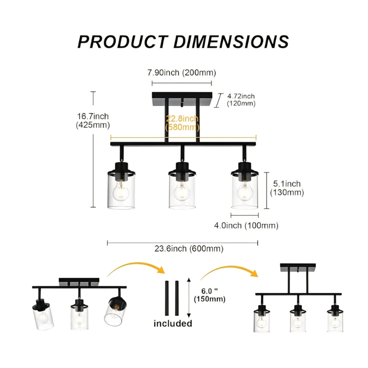 3-Light Kitchen Track Light Fixtures Ceiling Vanity Lights Black, Bathroom Track Lighting Kit