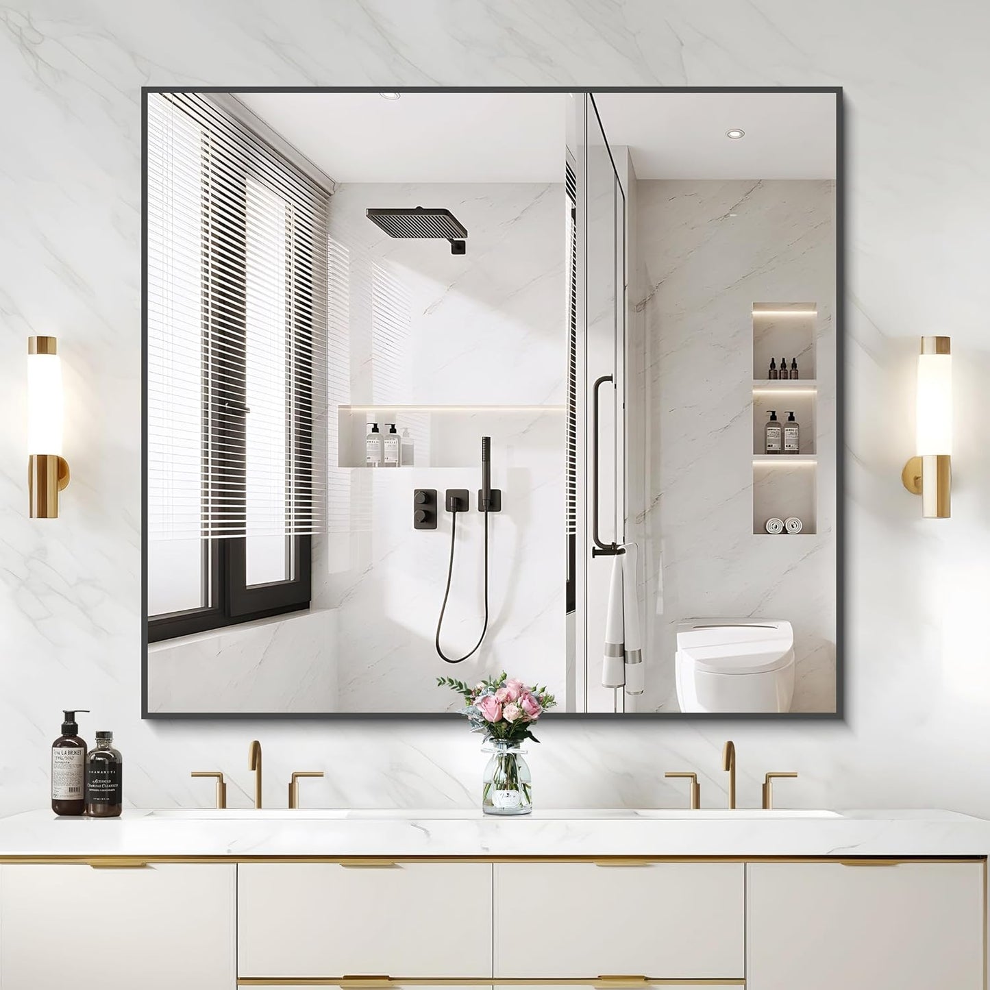 Black Bathroom Mirror for Wall,36x40 Inch Rectangle Mirror with Metal Frame, Horizontal or Vertical