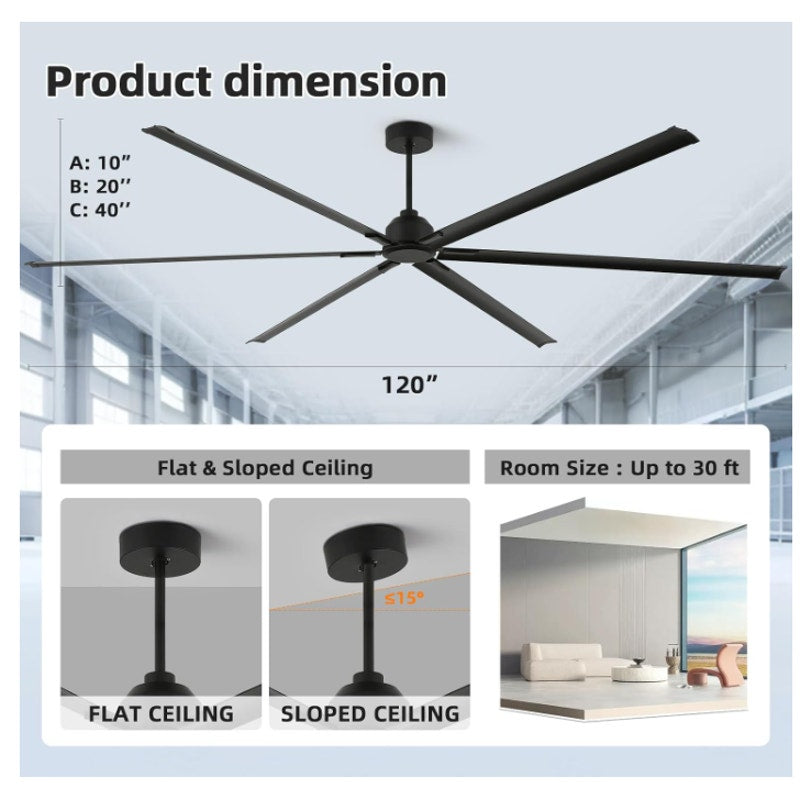 120 Inch Large Ceiling Fan, HVLS Commercial Fan with DC Reversible Motor, 6-Speed Industrial Fans