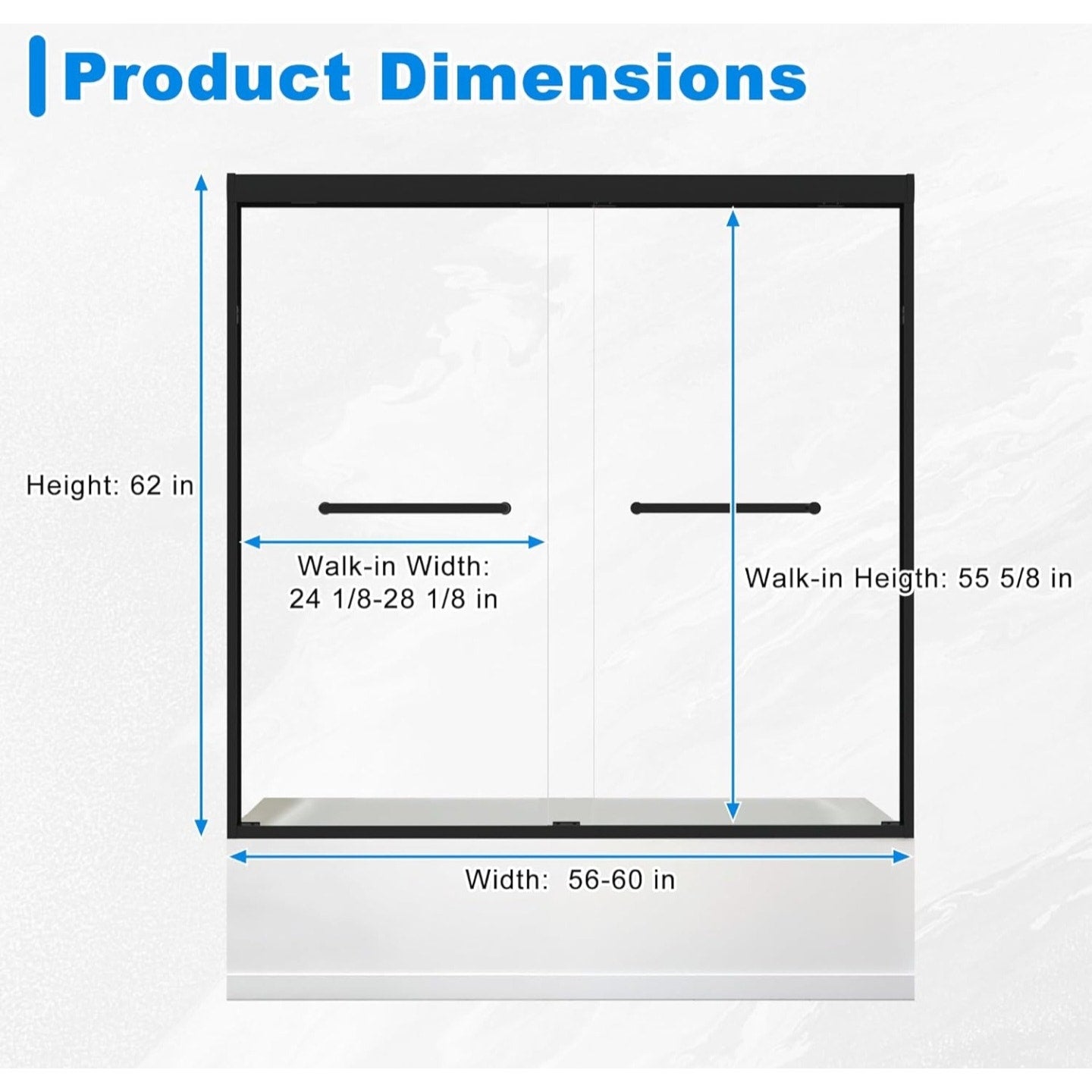 56-60" W x 62" H Tub Shower Door Bathroom Double Sliding Shower Door 5/16"(8mm) Thick Tempered