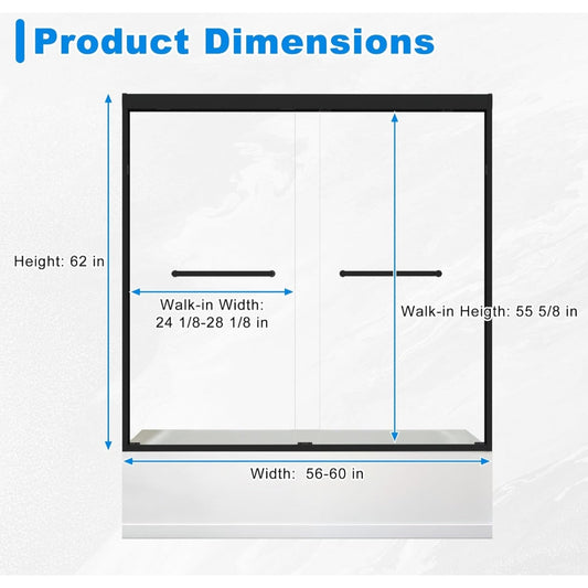 56-60" W x 62" H Tub Shower Door Bathroom Double Sliding Shower Door 5/16"(8mm) Thick Tempered