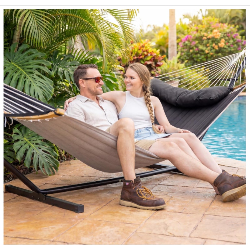 SUNCREAT Double Portable Hammock with Stand, 2 Person Hammock with Curved Spreader Bar