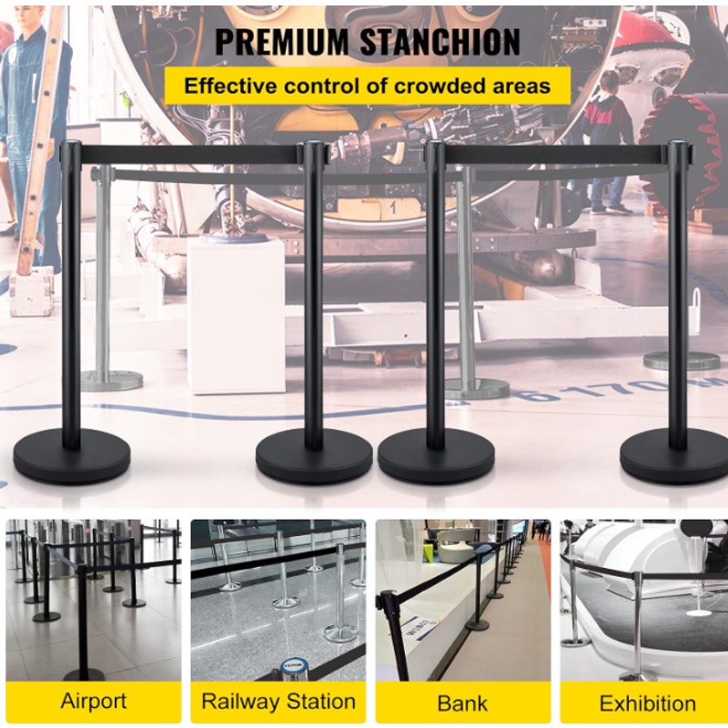 VEVOR Crowd Control Stanchion Set, Stanchion Set with 6.6 ft/2 m Black Retractable Belt