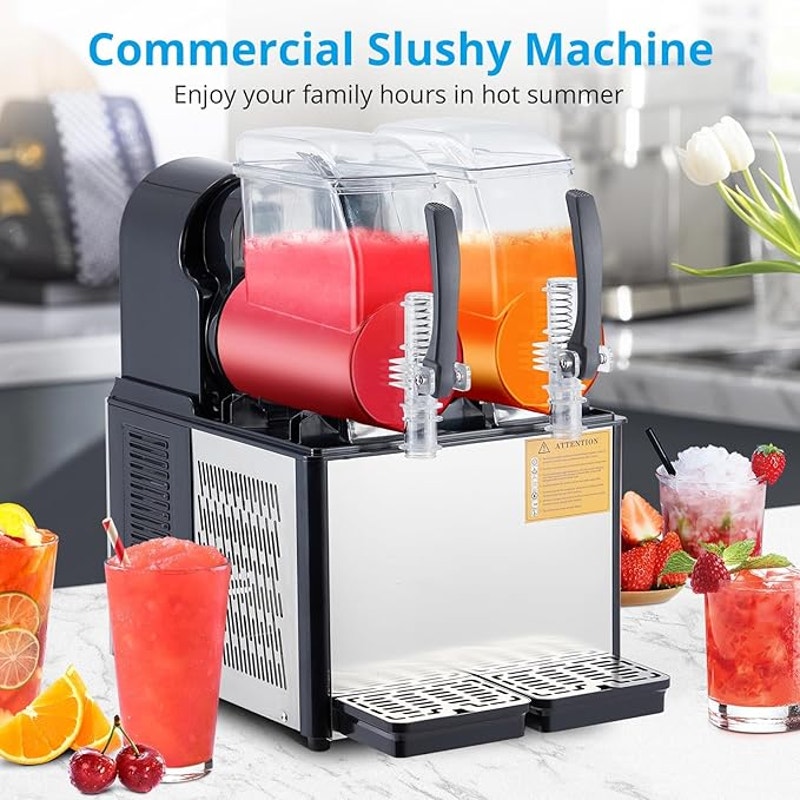 4Lx2Tank Commercial Slushie Machine, 370W Stainless Steel Slushy Machine for Cocktail, Black