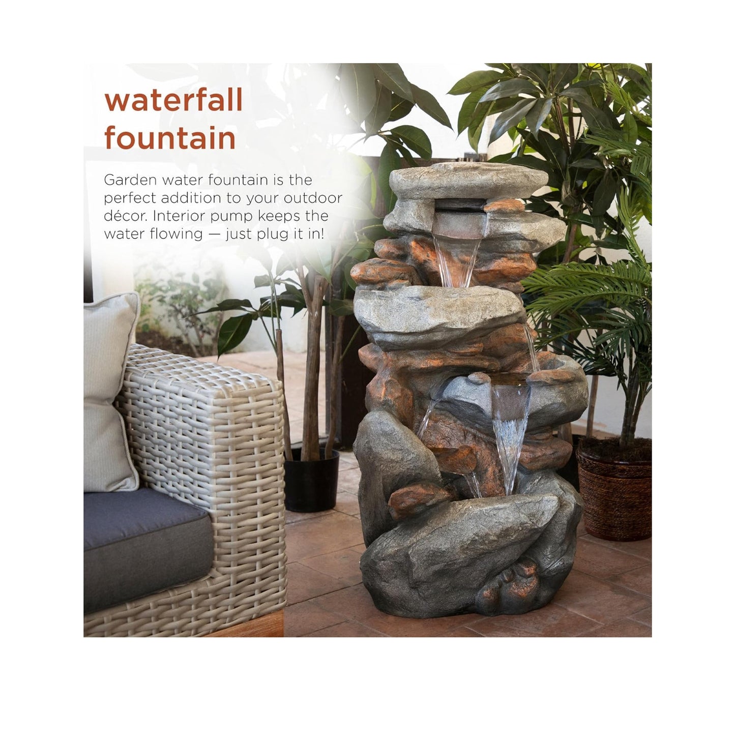 Alpine Corporation WIN316 40" Floor Fountain – 4-Tiered Rock Water Feature
