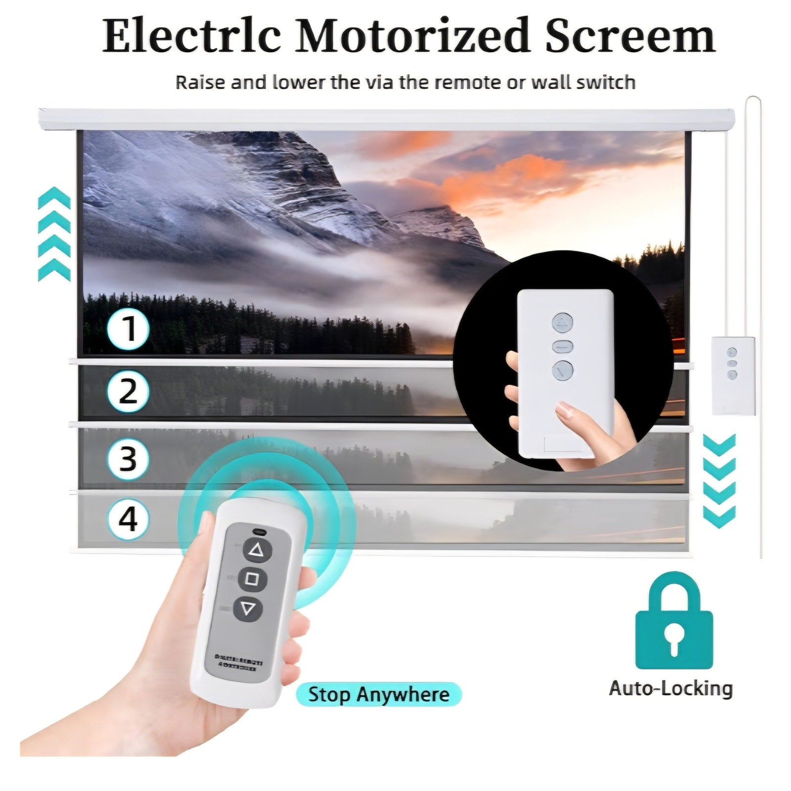 Pull Down Projector Screen Motorized 84 Inch 16:9 HD Electric Small Projector Screen Portable
