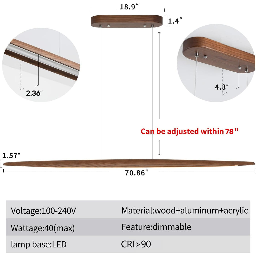 71"Wood Linear Pendant LightWood Linear,Light Island LightsLED DimmableChandelier Table WalnutColor