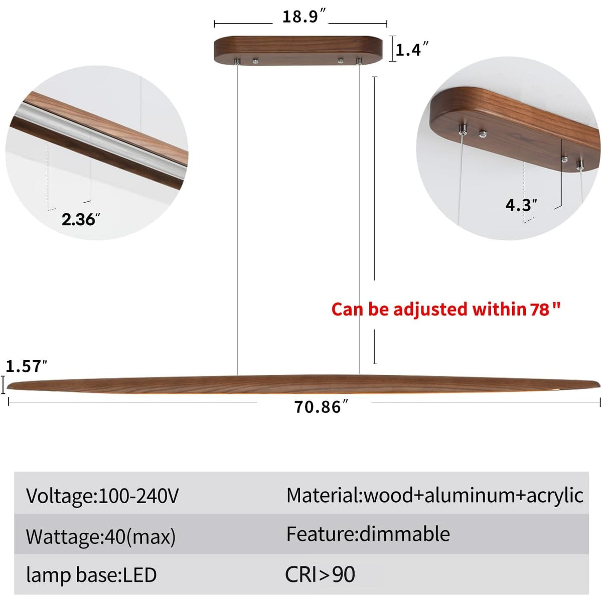 71"Wood Linear Pendant LightWood Linear,Light Island LightsLED DimmableChandelier Table WalnutColor