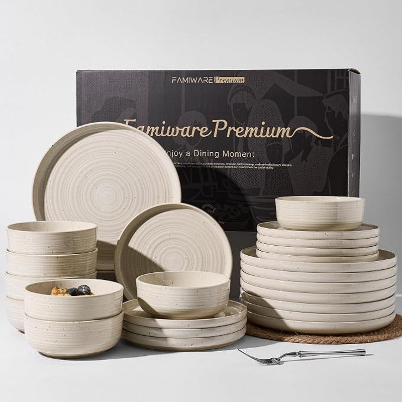 24-Pcs Reactive Glaze Stoneware Dinnerware Sets for 8 - Coupe Plates & Bowls, Shell Beige
