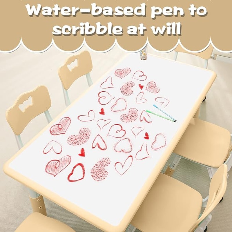 Children's Table & Chair Set Suitable, Age 2-12 Height, Adjustable Table top,  6 Seats(Wood Color)