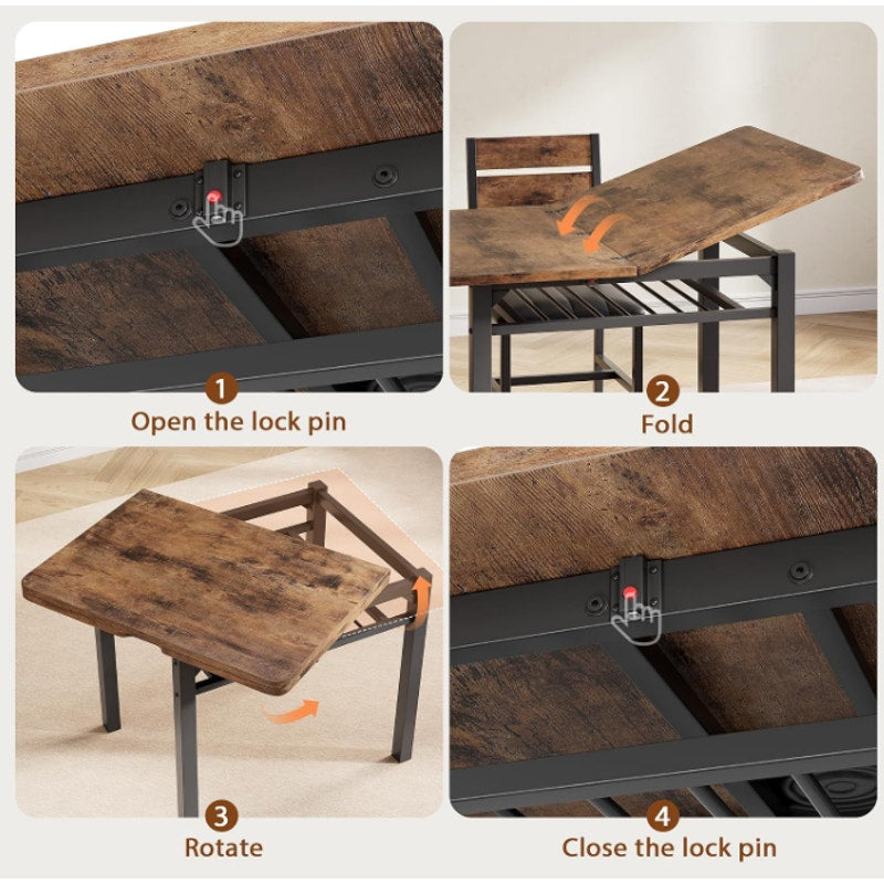 MapleGrace Extendable Dining Table Set for 4 with Built-in Shelf Rack Brown