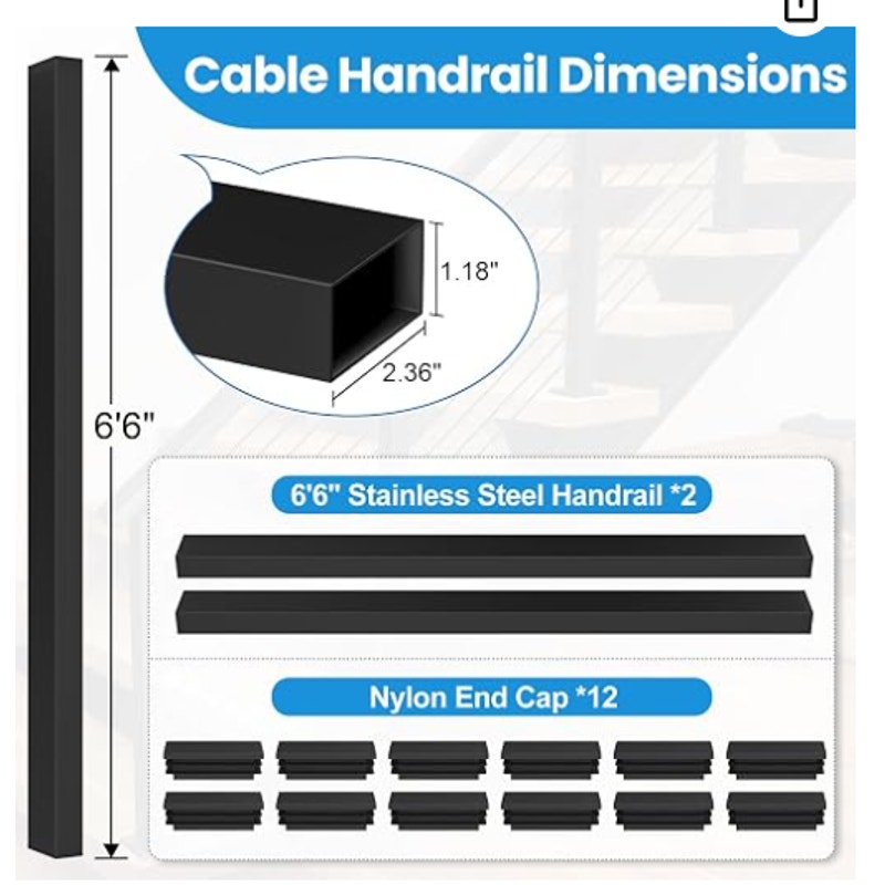 2Pack 6'6'' Rectangular Cable Railing Handrails, Black Stainless Steel Handrail with Nylon End Caps
